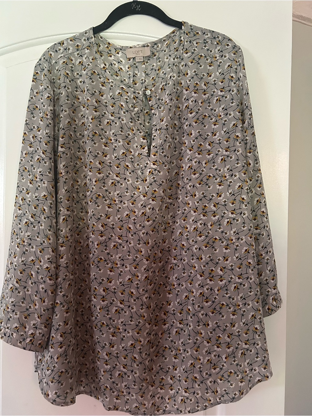 LOFT Light Gray Floral Henley Blouse with Mustard Accents